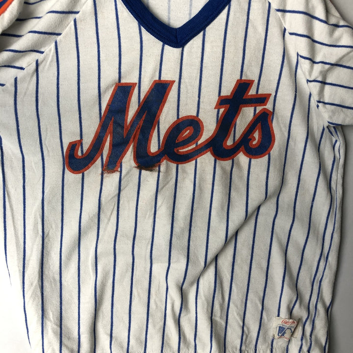 ~90'S RAWLINGS MLB New York Mets Stripe Pattern V-Neck Sports Print T-Shirt, Made in USA, Women's Size M polyester white type Vintage Second Hand