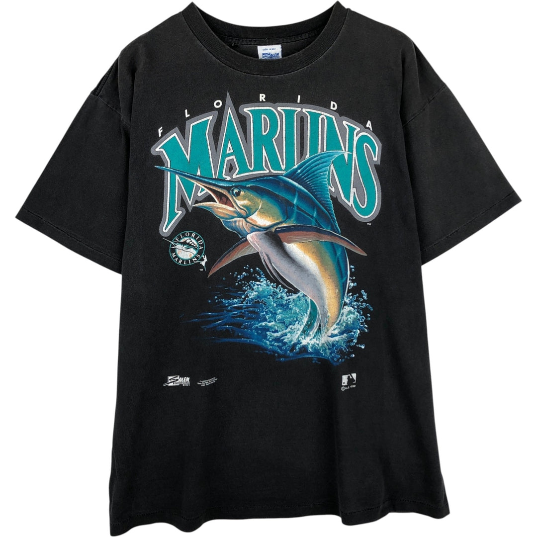 90'S SALEM MLB FLORIDA MARIINS Sports Print T-Shirt, Made in USA, Men's XL equivalent, Vintage cotton black type Vintage Second Hand