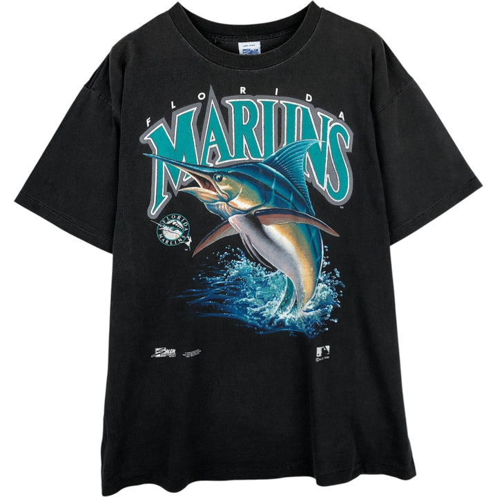 90'S SALEM MLB FLORIDA MARIINS Sports Print T-Shirt, Made in USA, Men's XL equivalent, Vintage cotton black type Vintage Second Hand