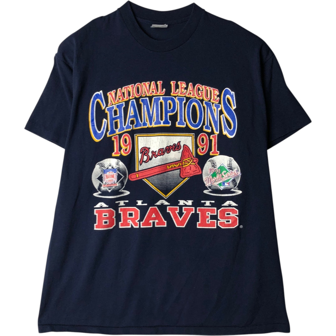 80s-90'S Stedman MLB Atlanta Braves Sports Print T-Shirt, Made in USA, Men's XL equivalent, Vintage cotton navy blue type Vintage Second Hand