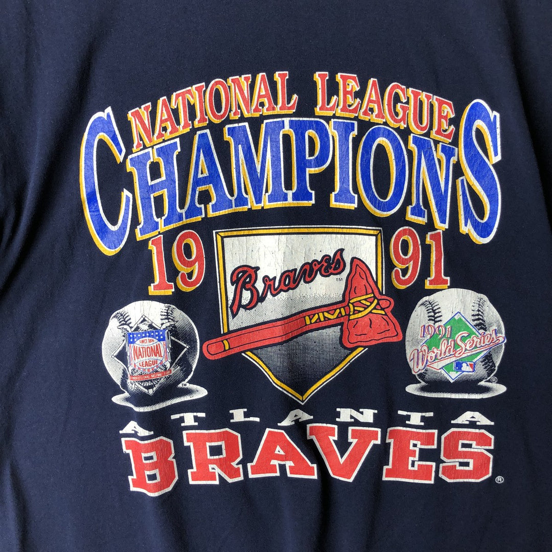 80s-90'S Stedman MLB Atlanta Braves Sports Print T-Shirt, Made in USA, Men's XL equivalent, Vintage cotton navy blue type Vintage Second Hand