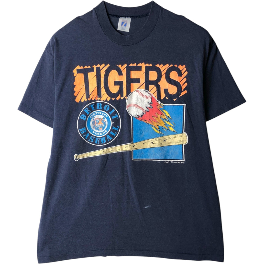 90'S Logo 7 MLB Detroit Tigers sports print T-shirt, Made in USA, Men's XL equivalent. polyester navy blue type Vintage Second Hand