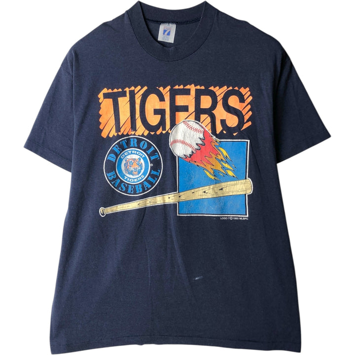 90'S Logo 7 MLB Detroit Tigers sports print T-shirt, Made in USA, Men's XL equivalent. polyester navy blue type Vintage Second Hand