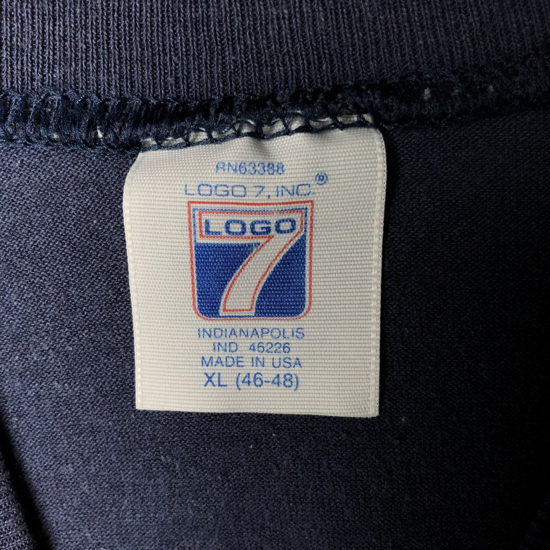 90'S Logo 7 MLB Detroit Tigers sports print T-shirt, Made in USA, Men's XL equivalent. polyester navy blue type Vintage Second Hand