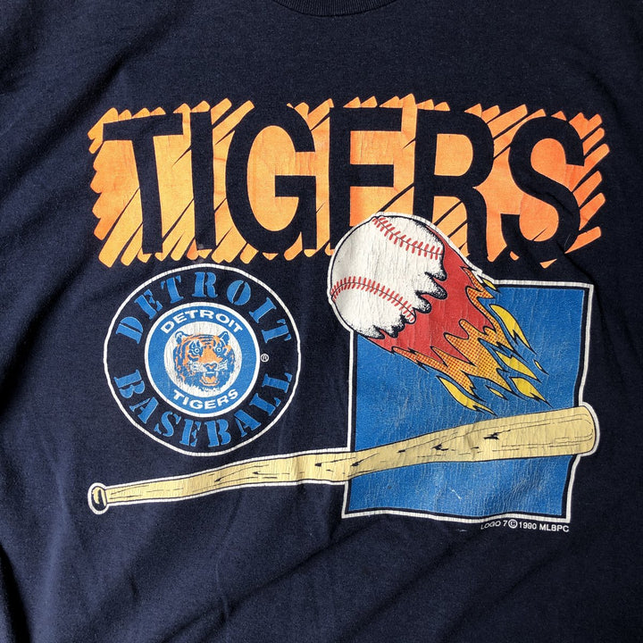 90'S Logo 7 MLB Detroit Tigers sports print T-shirt, Made in USA, Men's XL equivalent. polyester navy blue type Vintage Second Hand
