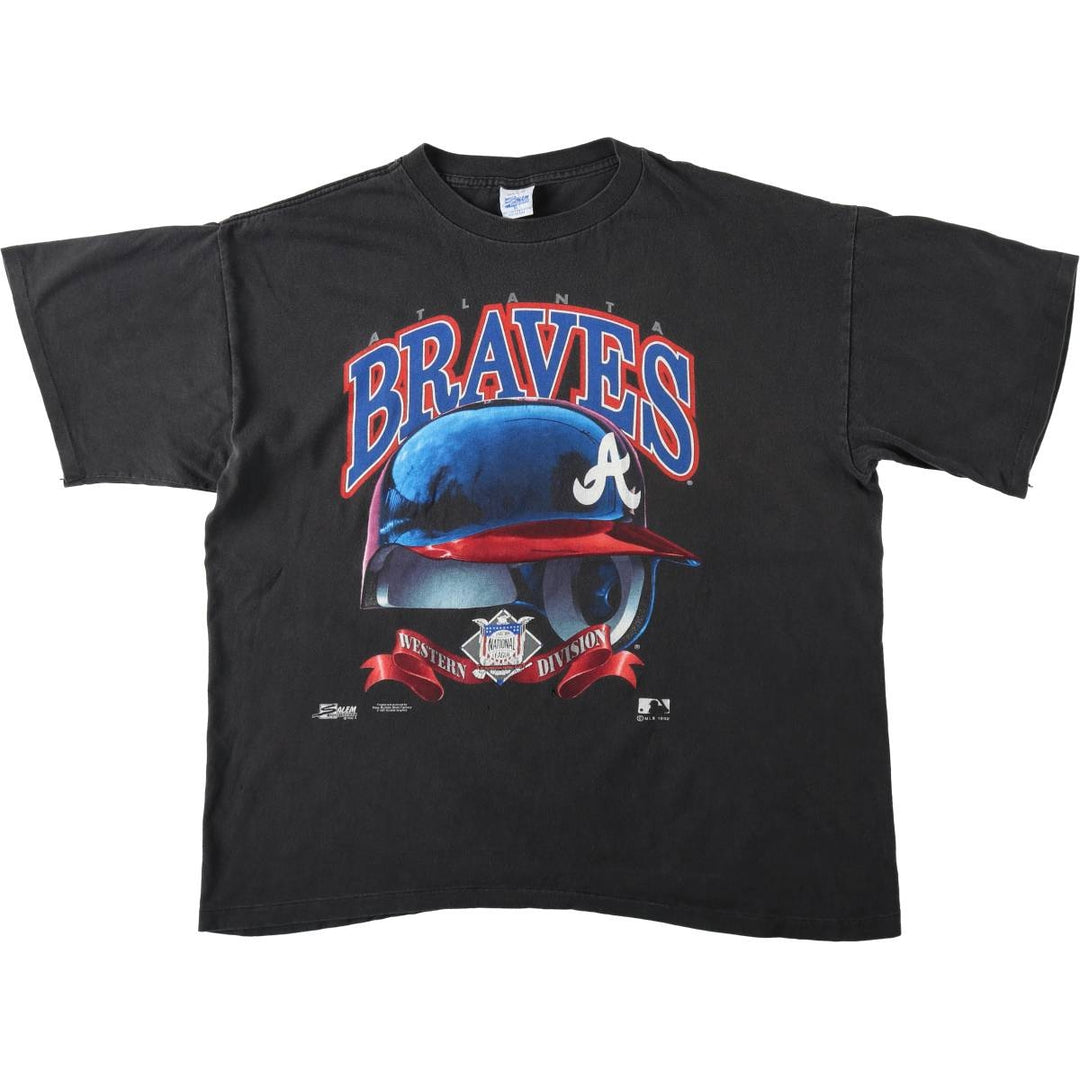 90'S SALEM SPORTSWEAR Atlanta Braves sports print T-shirt, Made in USA, Men's XL equivalent, Vintage cotton black type Vintage Second Hand