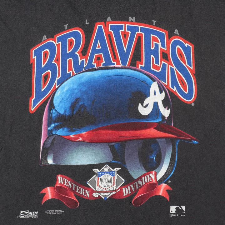 90'S SALEM SPORTSWEAR Atlanta Braves sports print T-shirt, Made in USA, Men's XL equivalent, Vintage cotton black type Vintage Second Hand