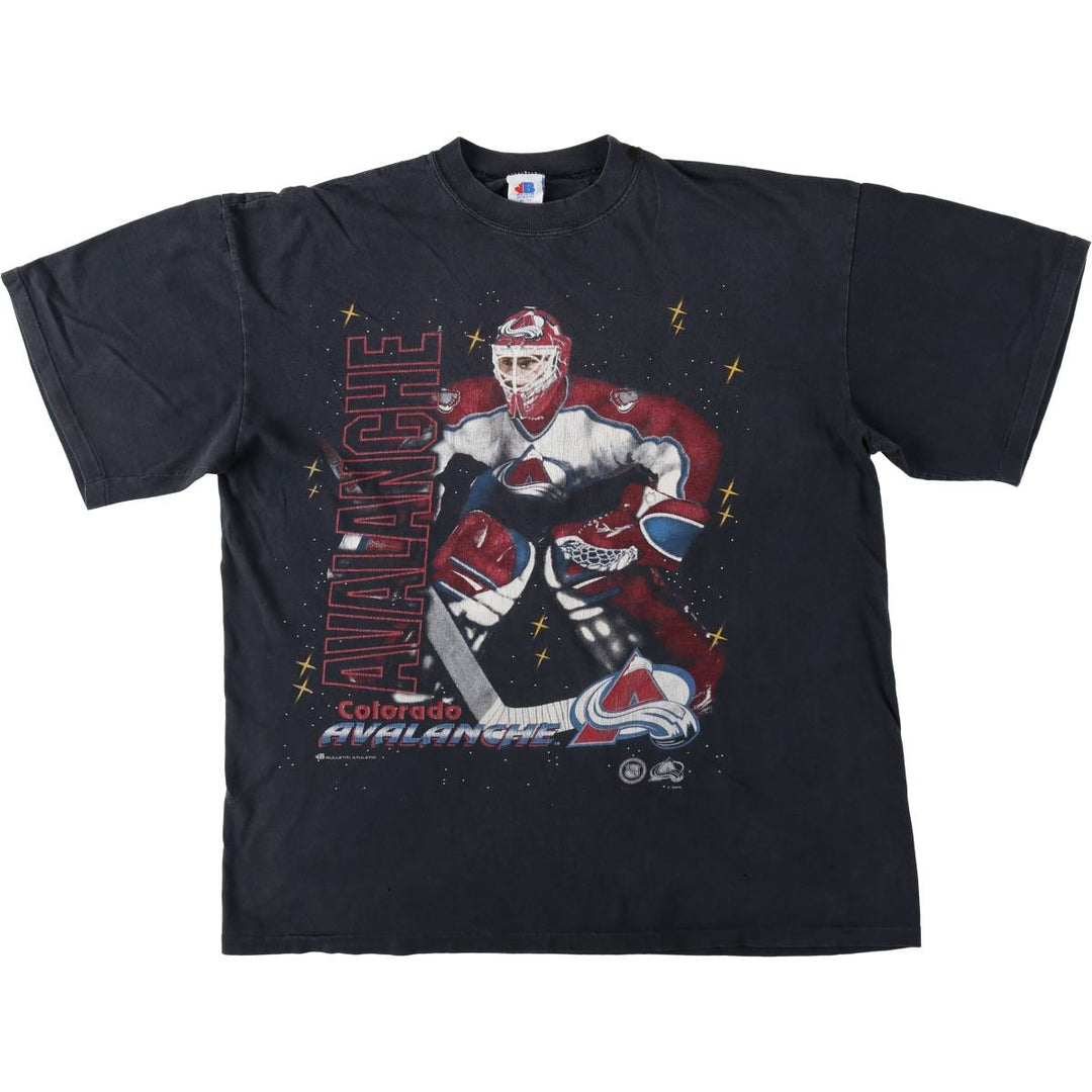 90'S Bulletin Athletic Colorado Avalanche Sports Print T-Shirt, Made in Canada, Men's XL equivalent, Vintage cotton black type Vintage Second Hand