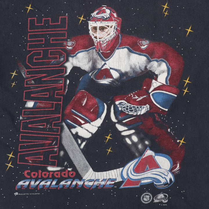 90'S Bulletin Athletic Colorado Avalanche Sports Print T-Shirt, Made in Canada, Men's XL equivalent, Vintage cotton black type Vintage Second Hand