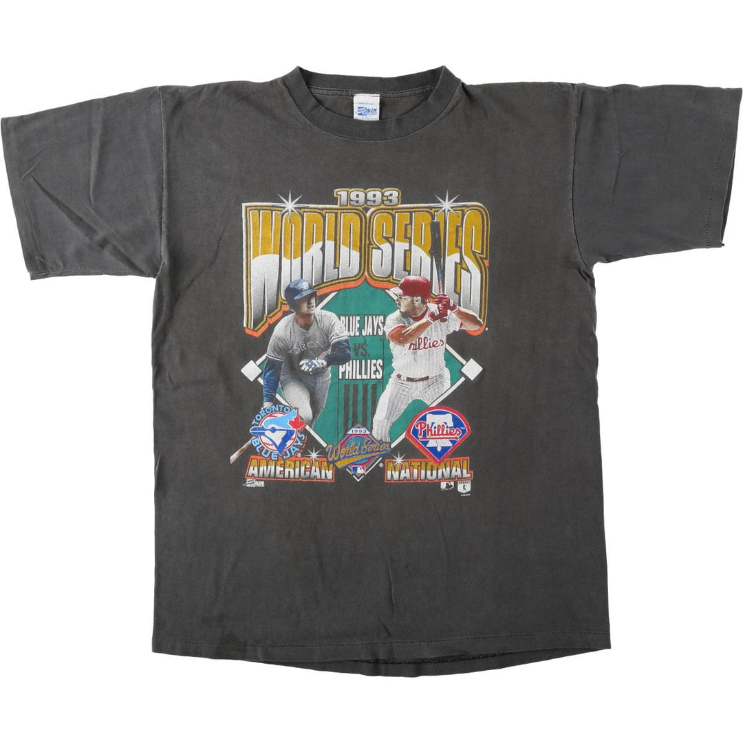 90'S SALEM SPORTSWEAR Philadelphia Phillies Toronto Blue Jays sports print T-shirt, men's size L (approx.) cotton black type Vintage Second Hand