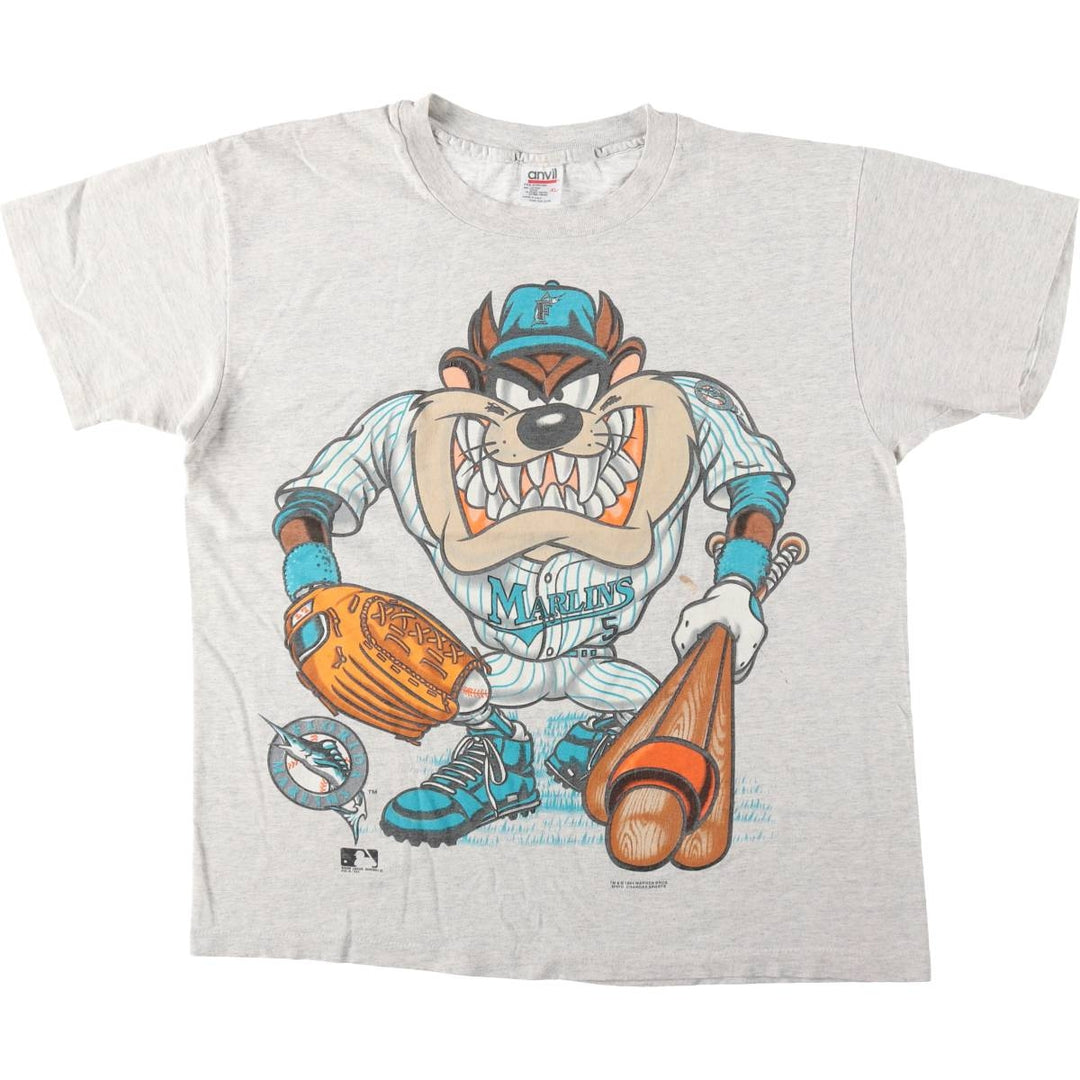90'S Anvil Florida Marlins Looney Tunes Tasmanian Devil Character Print T-Shirt (Men's XL equivalent) cotton gray type Vintage Second Hand