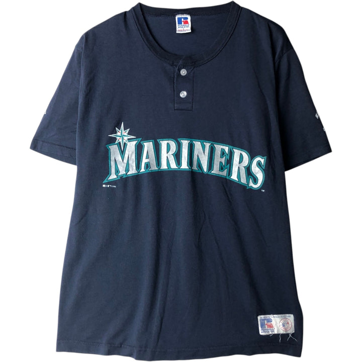 90'S Russell Seattle Mariners MLB Henley Neck Sports Print T-Shirt, Made in USA, Men's Size L (approx.) cotton navy blue type Vintage Second Hand