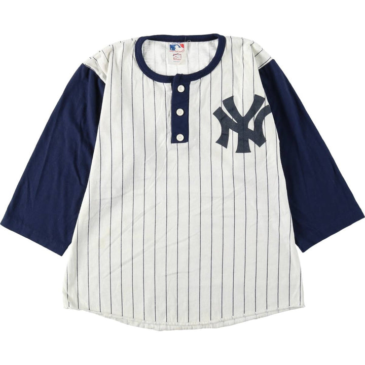 90'S MLB New York Yankees Henley Neck 3/4 Sleeve Logo Print T-Shirt, Made in USA, Women's Size M (Equivalent), Vintage unclear white type Vintage Second Hand