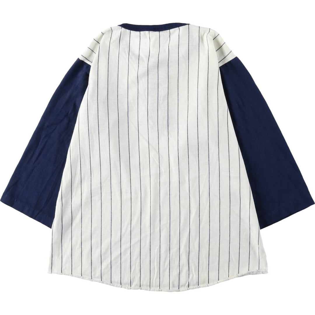 90'S MLB New York Yankees Henley Neck 3/4 Sleeve Logo Print T-Shirt, Made in USA, Women's Size M (Equivalent), Vintage unclear white type Vintage Second Hand