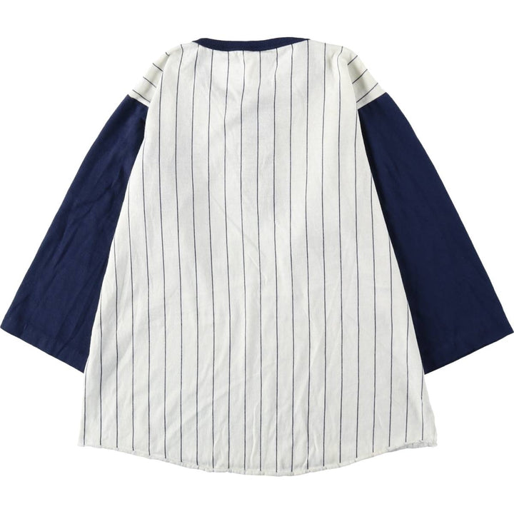 90'S MLB New York Yankees Henley Neck 3/4 Sleeve Logo Print T-Shirt, Made in USA, Women's Size M (Equivalent), Vintage unclear white type Vintage Second Hand
