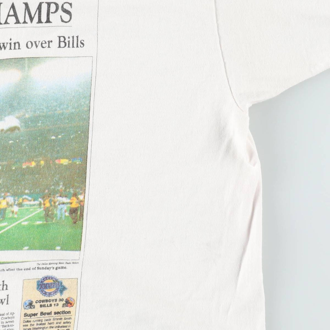 90'S Super Bowl XXVIII NFL Dallas Cowboys Sports Print T-Shirt, Made in USA, Men's Size XL (approx.) cotton white type Vintage Second Hand