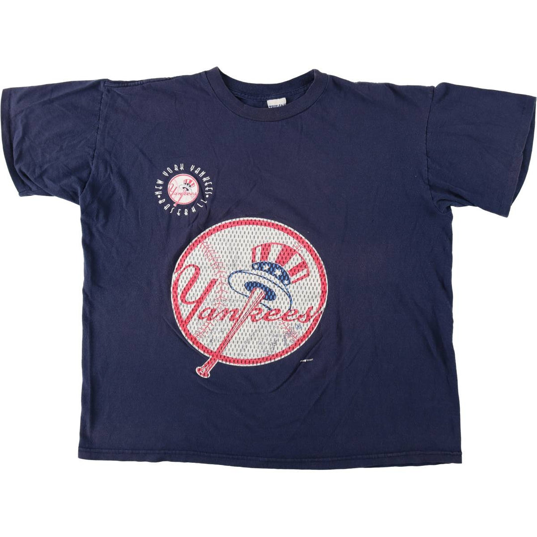 90'S TRUE-FAN MLB NEW YORK YANKEES Logo Print T-Shirt, Men's XL (approx.), Vintage cotton navy blue type Vintage Second Hand
