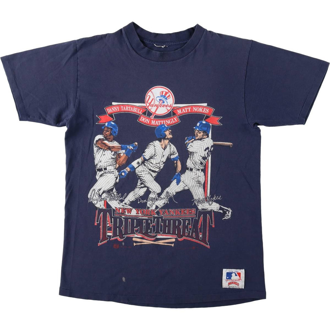 90'S NUTMEG MLB NEW YORK YANKEES Sports Print T-Shirt, Made in USA, Men's Size S (Equivalent), Vintage unclear navy blue type Vintage Second Hand
