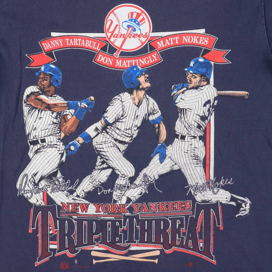 90'S NUTMEG MLB NEW YORK YANKEES Sports Print T-Shirt, Made in USA, Men's Size S (Equivalent), Vintage unclear navy blue type Vintage Second Hand