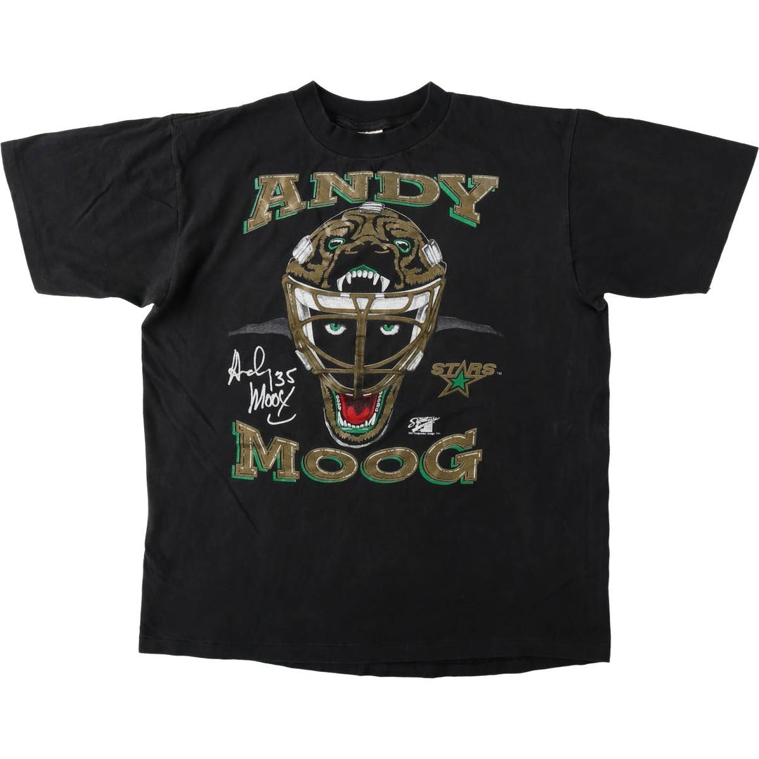 90'S Oneita NHL Dallas Stars ANDY MOOG Sports Print T-Shirt, Made in USA, Men's Size L (Equivalent), Vintage cotton black type Vintage Second Hand