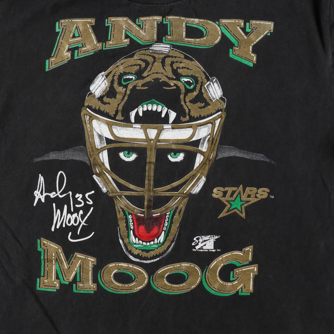 90'S Oneita NHL Dallas Stars ANDY MOOG Sports Print T-Shirt, Made in USA, Men's Size L (Equivalent), Vintage cotton black type Vintage Second Hand