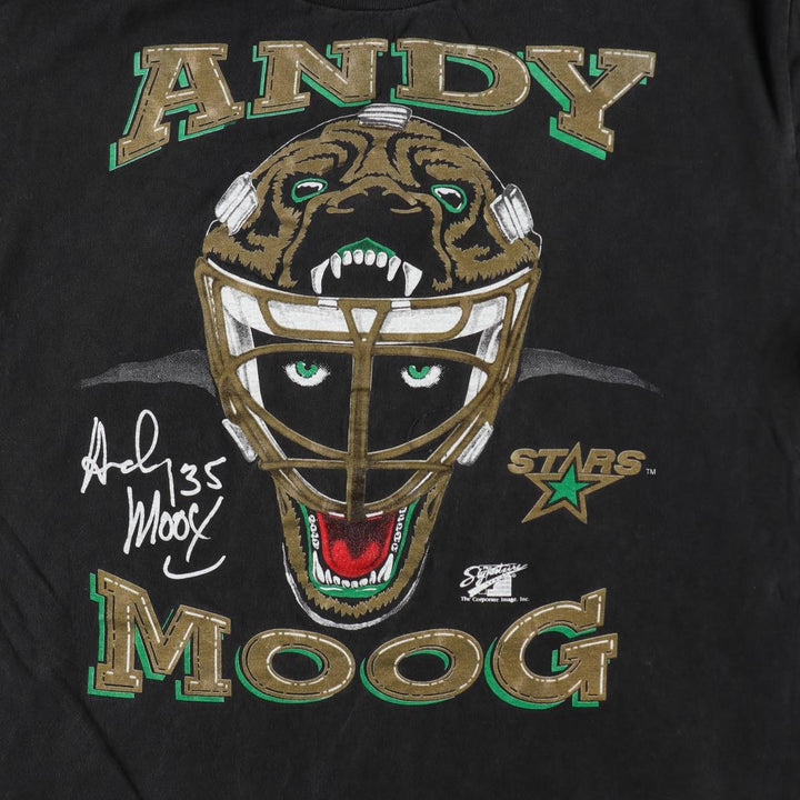 90'S Oneita NHL Dallas Stars ANDY MOOG Sports Print T-Shirt, Made in USA, Men's Size L (Equivalent), Vintage cotton black type Vintage Second Hand