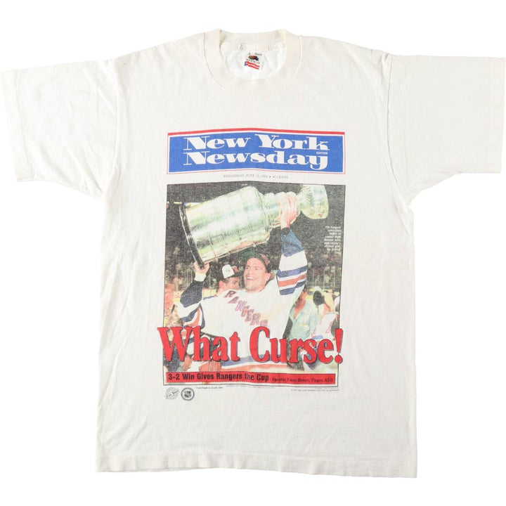 90'S Fruit of the Loom NHL New York Rangers Sports Print T-Shirt, Made in USA, Men's Size L (approx.), Vintage cotton white type Vintage Second Hand