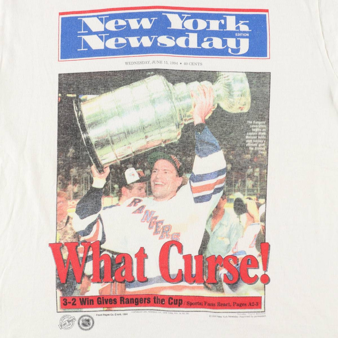 90'S Fruit of the Loom NHL New York Rangers Sports Print T-Shirt, Made in USA, Men's Size L (approx.), Vintage cotton white type Vintage Second Hand