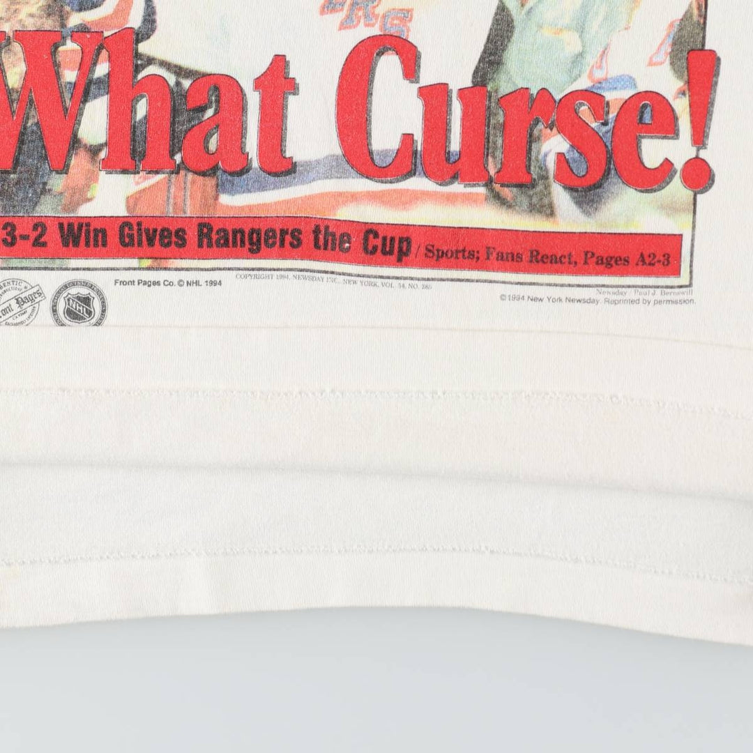 90'S Fruit of the Loom NHL New York Rangers Sports Print T-Shirt, Made in USA, Men's Size L (approx.), Vintage cotton white type Vintage Second Hand