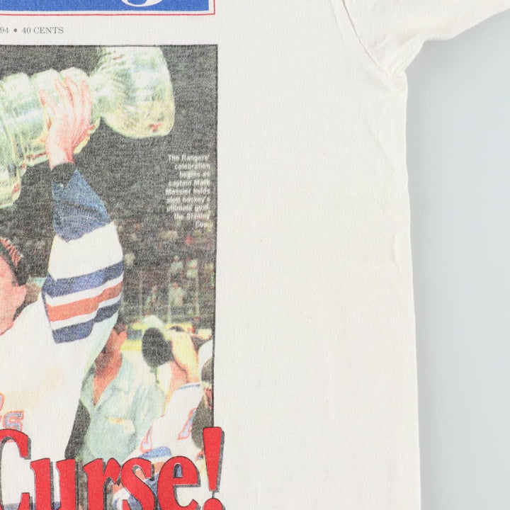 90'S Fruit of the Loom NHL New York Rangers Sports Print T-Shirt, Made in USA, Men's Size L (approx.), Vintage cotton white type Vintage Second Hand