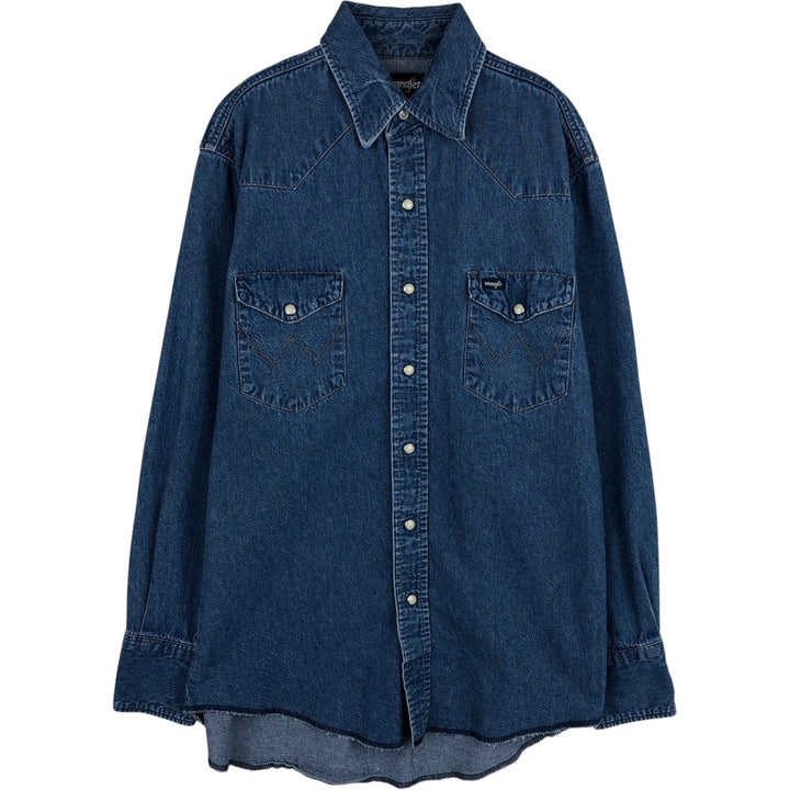 80s-90'S Wrangler Long-Sleeve Denim Western Shirt, Men's Size M (Equivalent), Vintage cotton blue type Vintage Second Hand