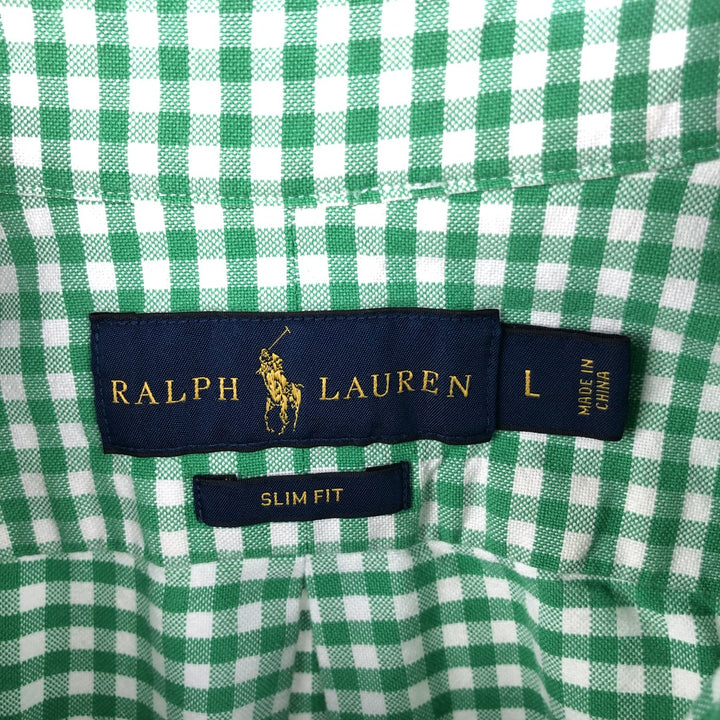 Ralph Lauren SLIM FIT gingham check long-sleeve button-down shirt, men's size L (approx.) cotton green type Vintage Second Hand