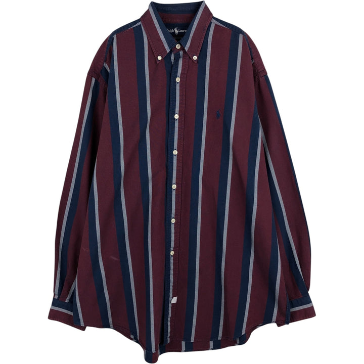 Ralph Lauren long sleeve button down striped shirt, men's size L cotton wine-red Vintage Second Hand