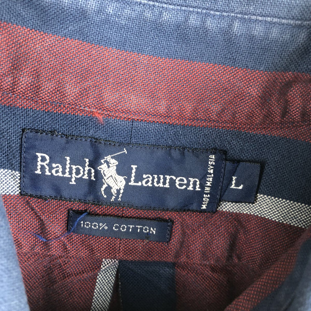 Ralph Lauren long sleeve button down striped shirt, men's size L cotton wine-red Vintage Second Hand