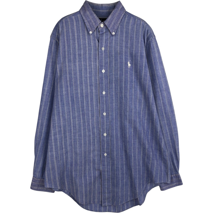 Ralph Lauren long sleeve button down striped shirt, men's size M cotton blue type Vintage Second Hand
