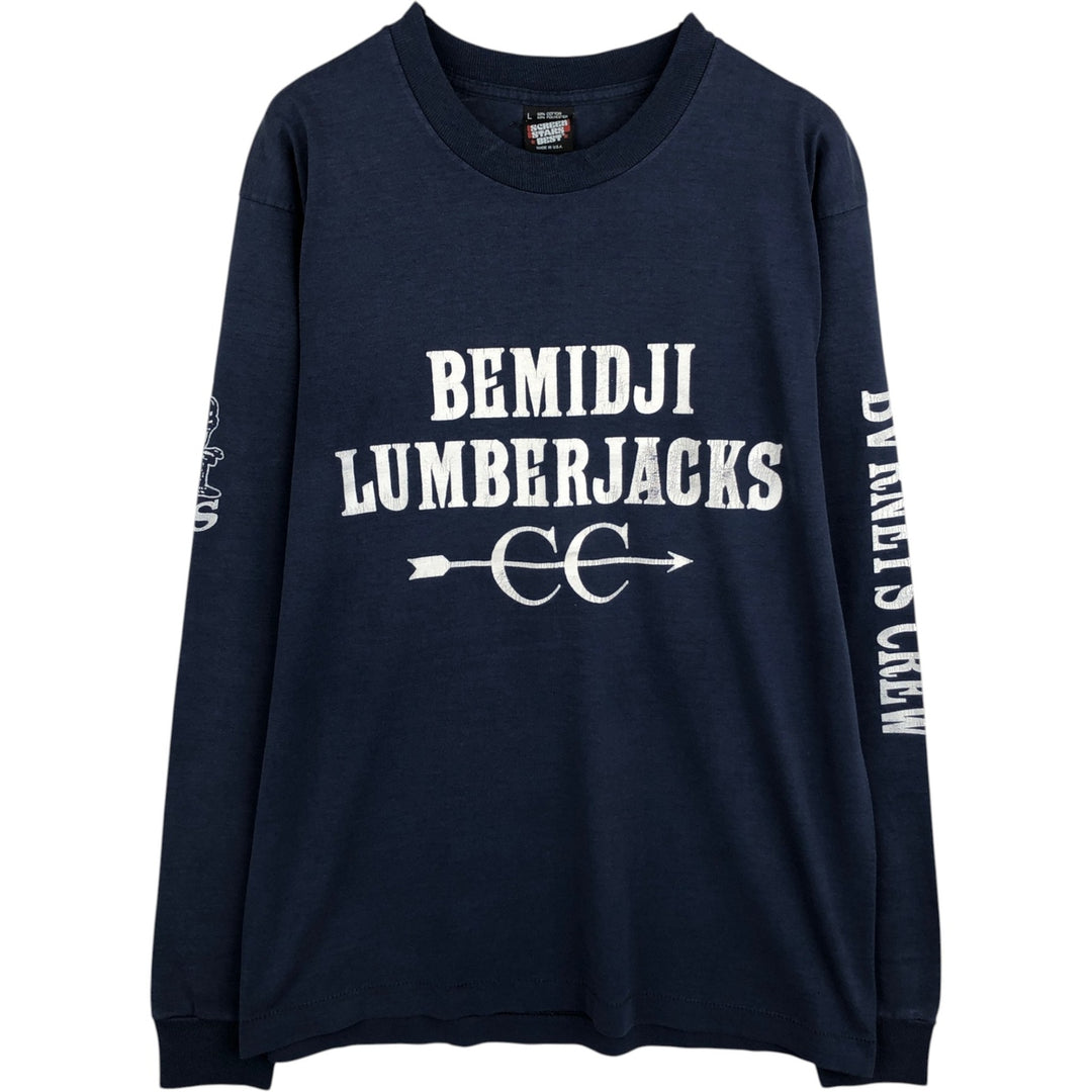Screen Stars Best Double-Sided Print Long-Sleeve T-Shirt, Made in USA, Men's Size L (approx.) cotton navy blue type Vintage Second Hand