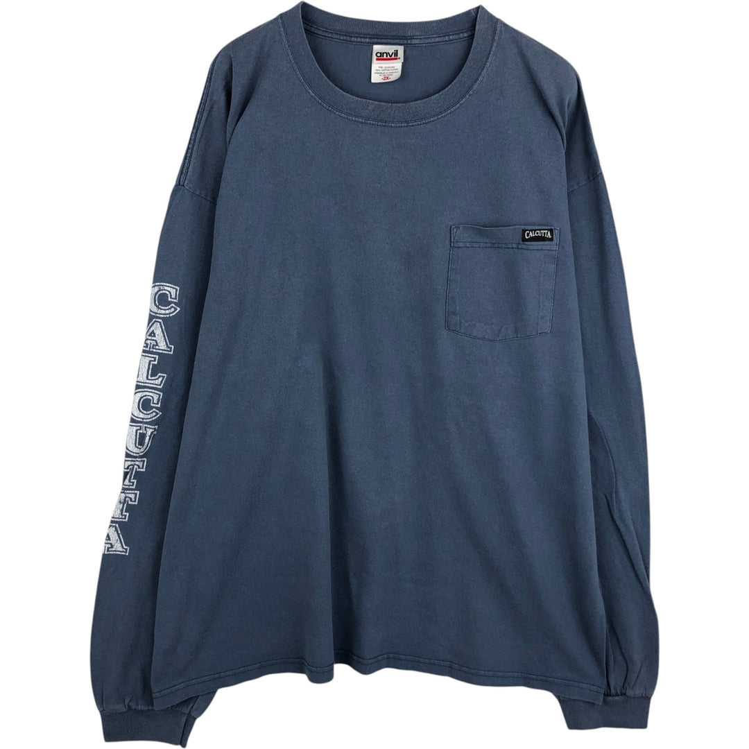 Anvil Skull Pattern Long-Sleeve T-Shirt (Men's XXL equivalent) cotton Blue type light blue Vintage Second Hand