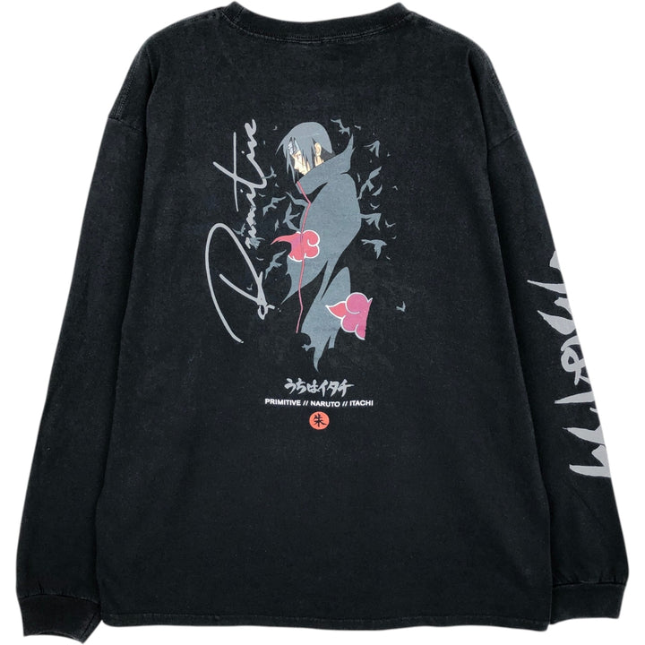 PRIMITIVE NARUTO SHIPPUDEN Uchiha Itachi Anime Character Print Long-Sleeve T-Shirt (Men's Size L) cotton black type Vintage Second Hand