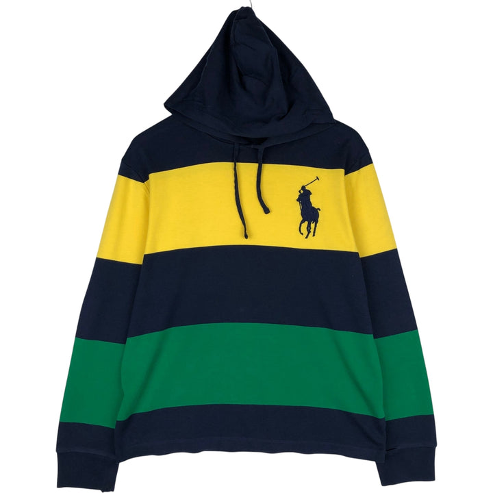 Ralph Lauren POLO RALPH LAUREN Striped Pattern Big Pony Hooded Long-Sleeve T-Shirt (Men's Size M) cotton navy blue type Vintage Second Hand