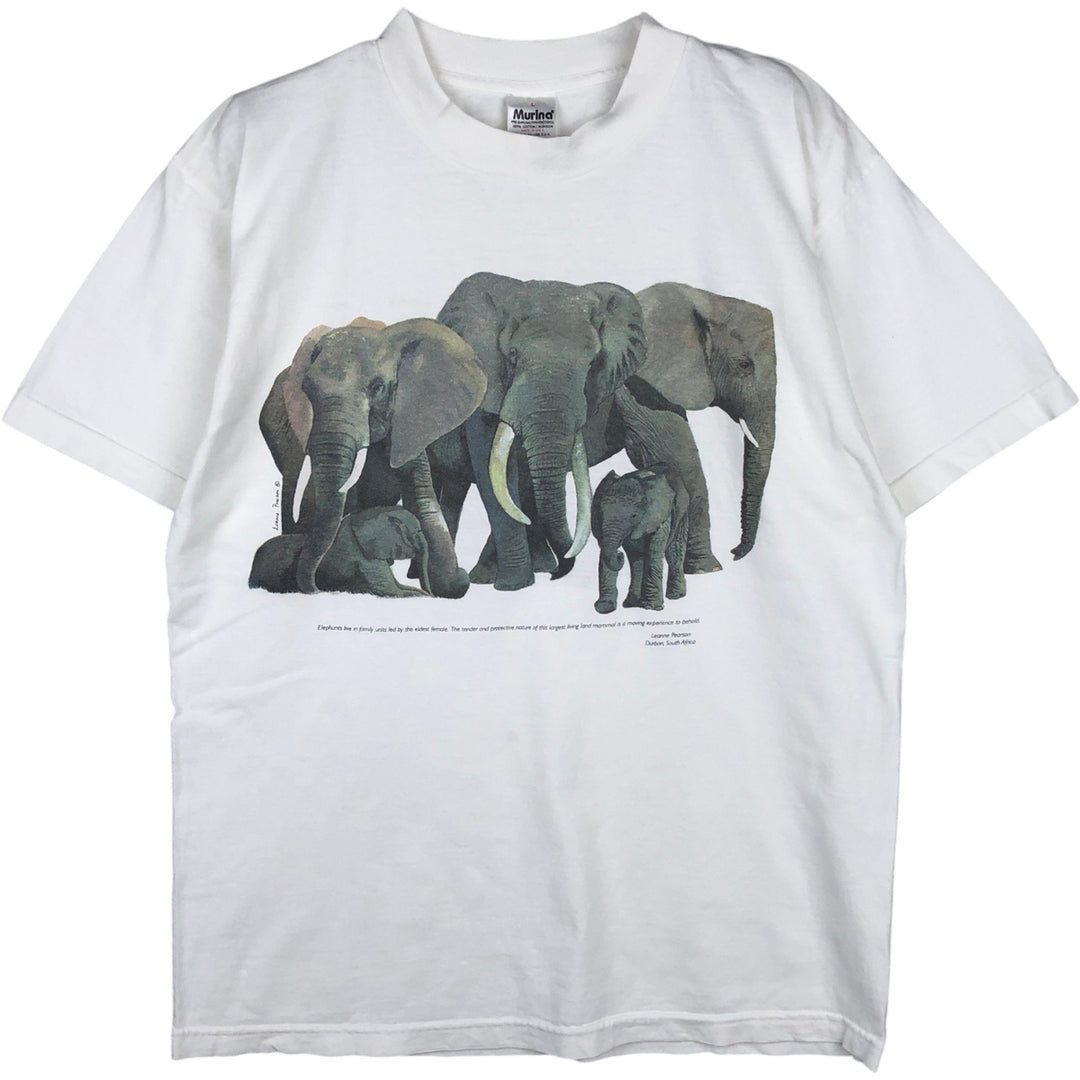 90'S Murina Elephant Pattern Animal T-Shirt, Made in USA, Men's Size L (Equivalent), Vintage cotton white type Vintage Second Hand