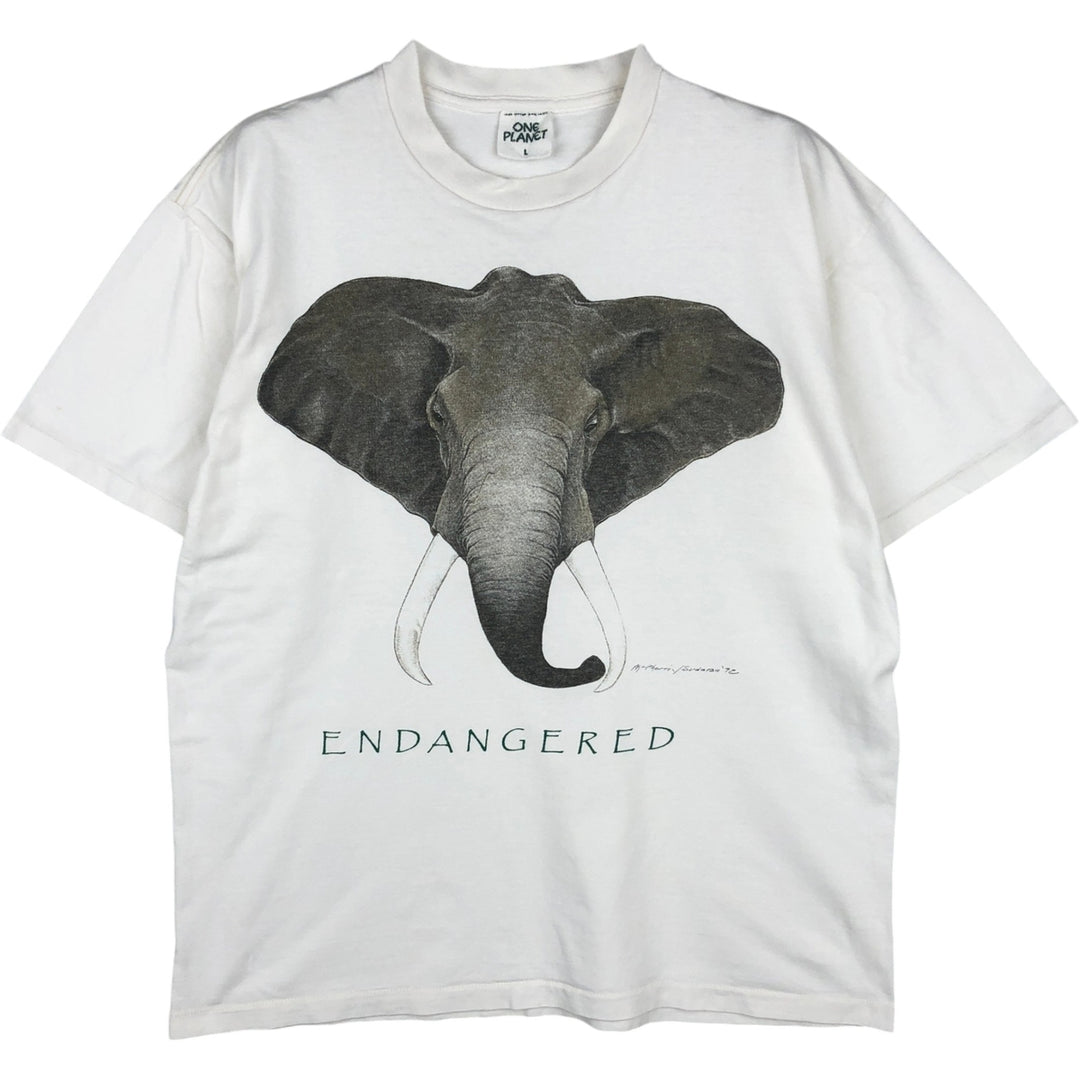 ONE PLANET Elephant Pattern Animal T-Shirt, Made in USA, Men's Size L (equivalent), Single Stitch cotton white type Vintage Second Hand