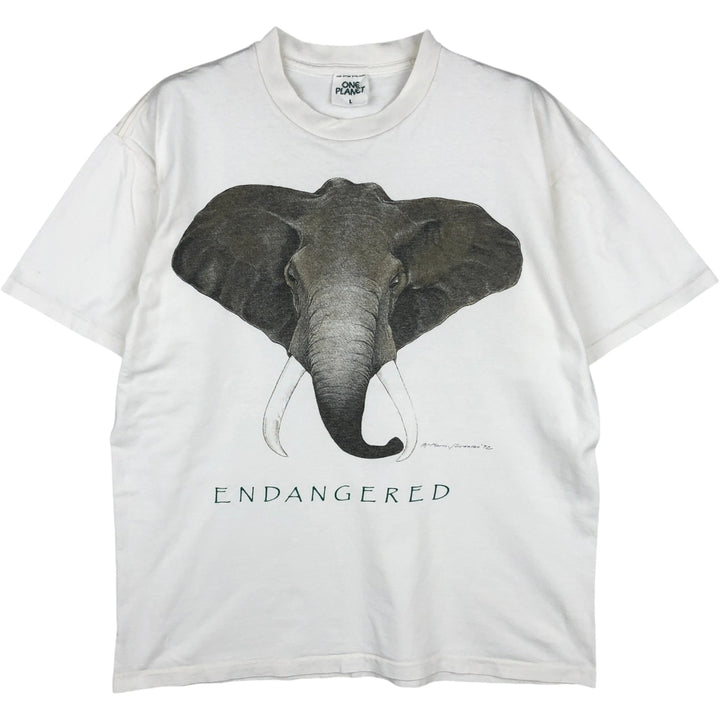 ONE PLANET Elephant Pattern Animal T-Shirt, Made in USA, Men's Size L (equivalent), Single Stitch cotton white type Vintage Second Hand