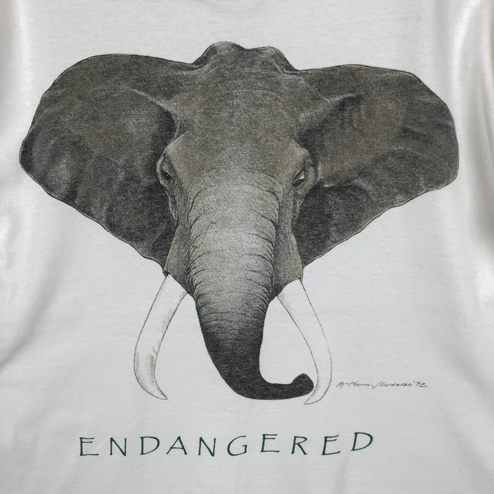 ONE PLANET Elephant Pattern Animal T-Shirt, Made in USA, Men's Size L (equivalent), Single Stitch cotton white type Vintage Second Hand