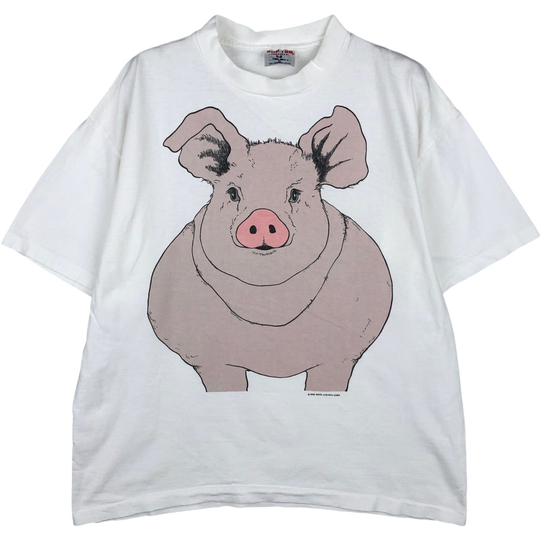 90'S SOF TEE Pig Pattern Animal T-Shirt, Made in USA, Men's XL equivalent, Vintage cotton white type Vintage Second Hand