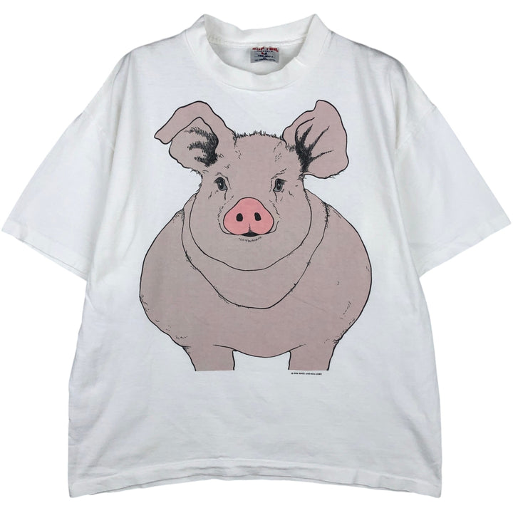90'S SOF TEE Pig Pattern Animal T-Shirt, Made in USA, Men's XL equivalent, Vintage cotton white type Vintage Second Hand