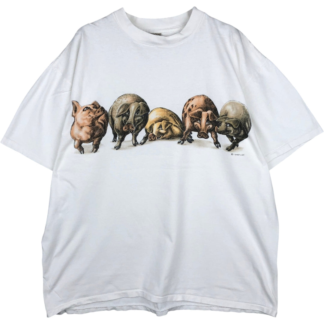 90'S ONEITA Pig Pattern Animal T-Shirt, Made in USA, Men's XL equivalent, Vintage cotton white type Vintage Second Hand