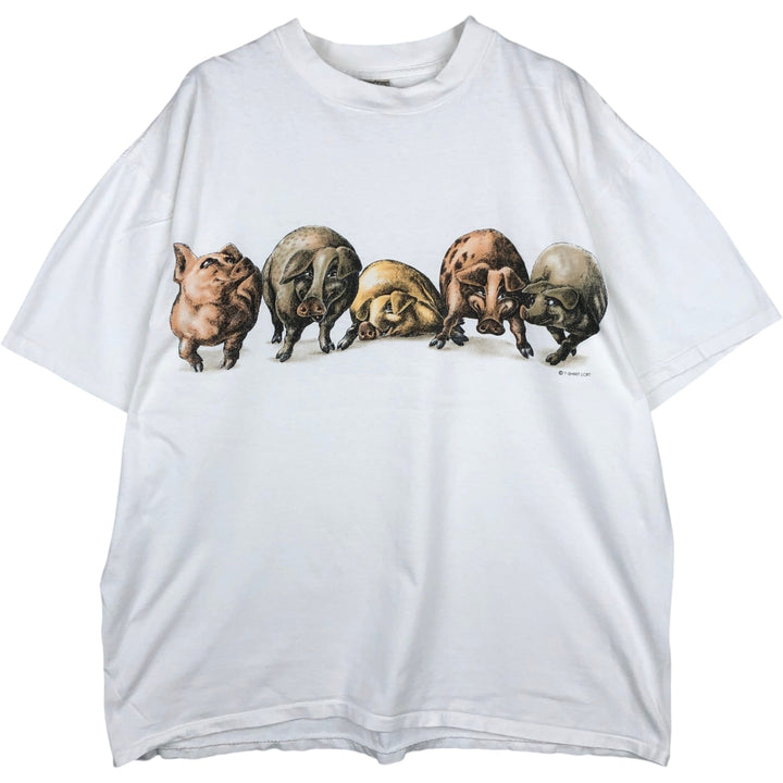 90'S ONEITA Pig Pattern Animal T-Shirt, Made in USA, Men's XL equivalent, Vintage cotton white type Vintage Second Hand
