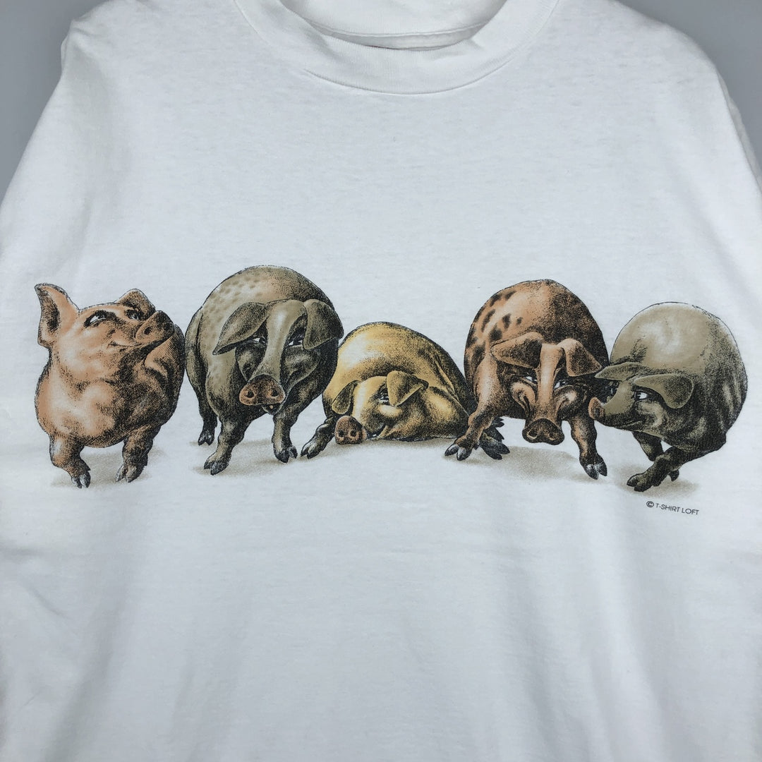 90'S ONEITA Pig Pattern Animal T-Shirt, Made in USA, Men's XL equivalent, Vintage cotton white type Vintage Second Hand