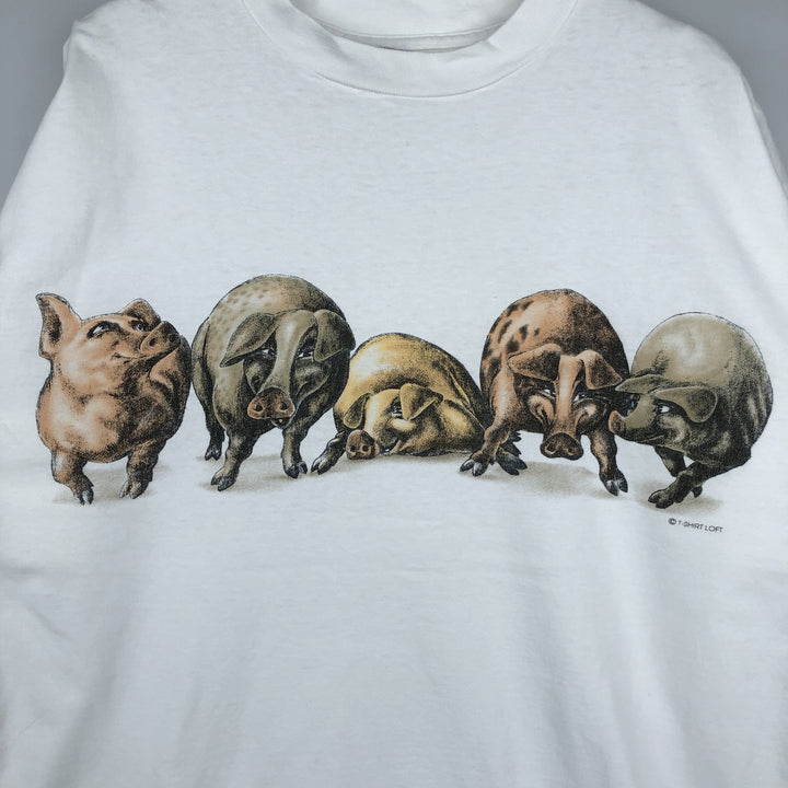 90'S ONEITA Pig Pattern Animal T-Shirt, Made in USA, Men's XL equivalent, Vintage cotton white type Vintage Second Hand