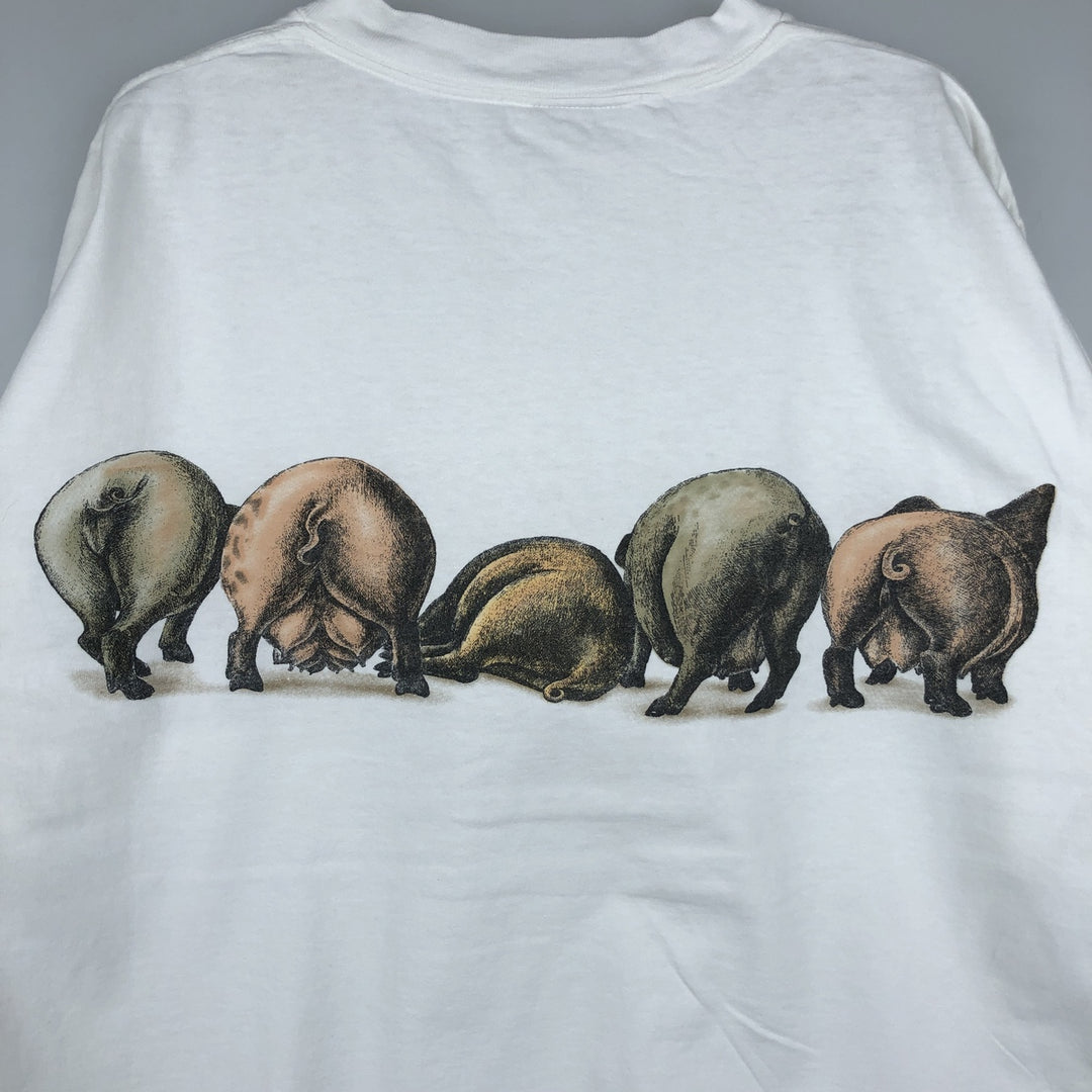 90'S ONEITA Pig Pattern Animal T-Shirt, Made in USA, Men's XL equivalent, Vintage cotton white type Vintage Second Hand